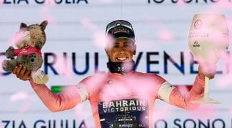 Bianchi celebrates Afonso Eulálio's remarkable performance and his victory and the Maglia Rosa after stage five of the 2026 Giro d’Italia.