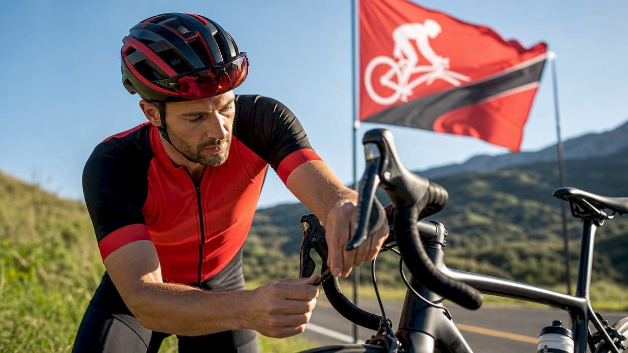 Cyclist preparing bike at sportive starting point