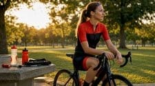 Cyclist preparing in indoor velodrome