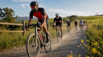 Cyclists racing on a gravel road in rural setting