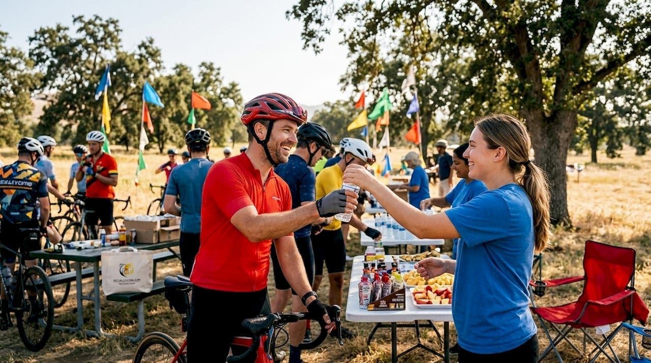 Cyclist hydrating at organized rest stop outdoors