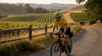 Cyclist riding coastal trail with ocean view