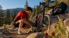 Young cyclist preparing bike for race