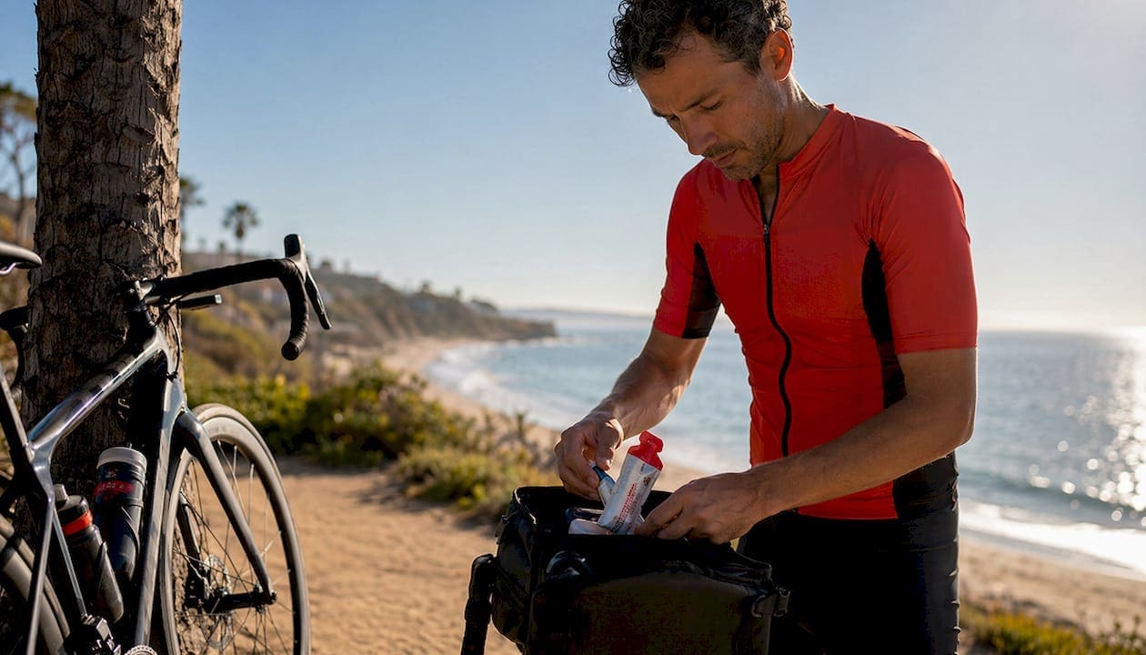 Cyclist preparing nutrition supplies for long ride