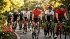 Cyclists group riding together in city morning