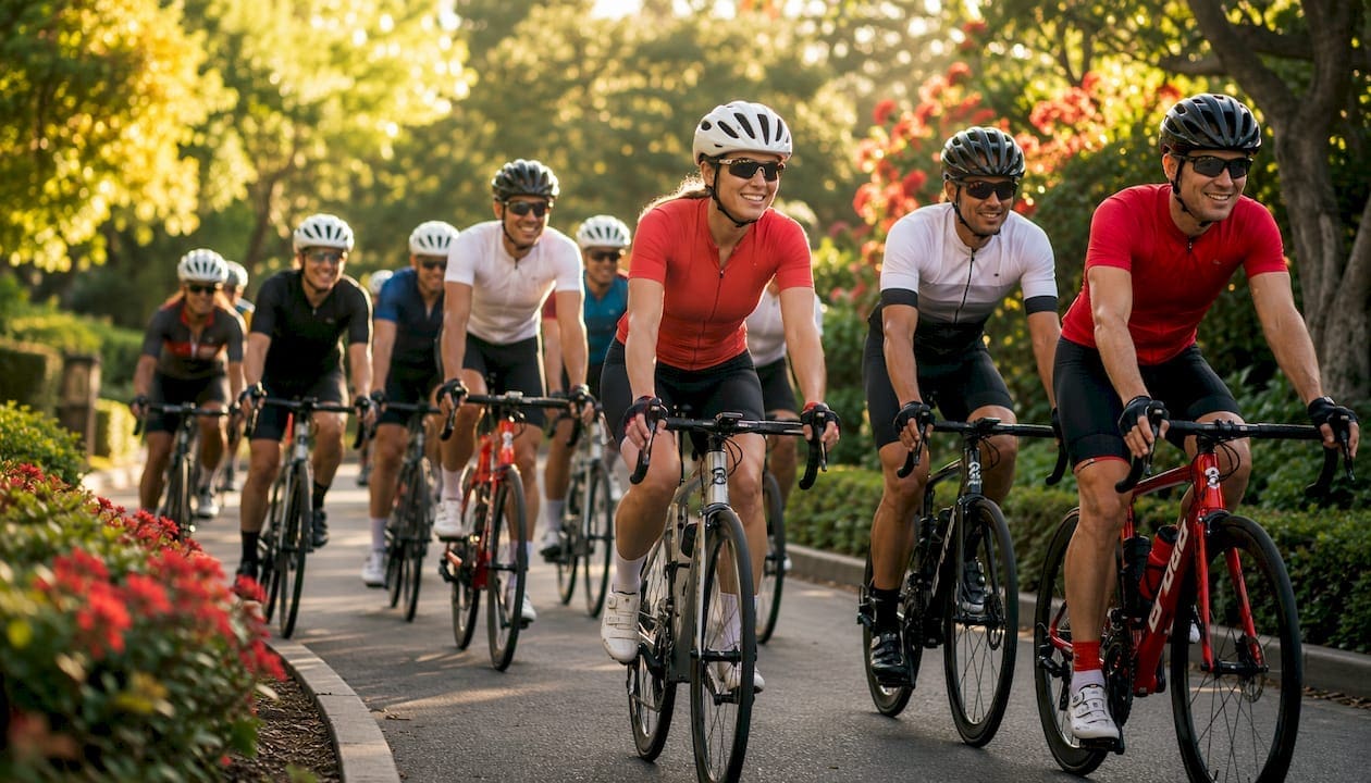 Cyclists group riding together in city morning